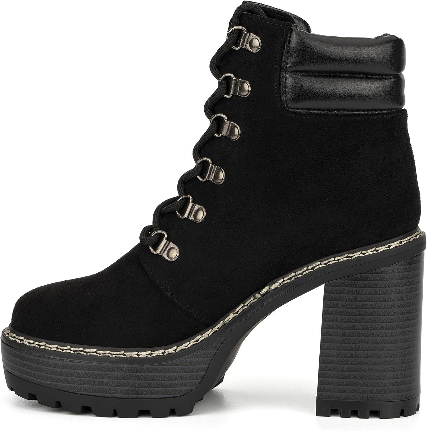 imageOlivia Miller Womens Fashion Shoes Faux Suede Lace Up Slip On Chunky High Heel Casual Bootie Round Toe Ankle BootsBlack