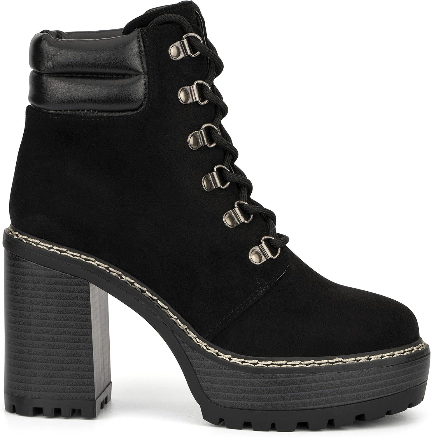 imageOlivia Miller Womens Fashion Shoes Faux Suede Lace Up Slip On Chunky High Heel Casual Bootie Round Toe Ankle BootsBlack