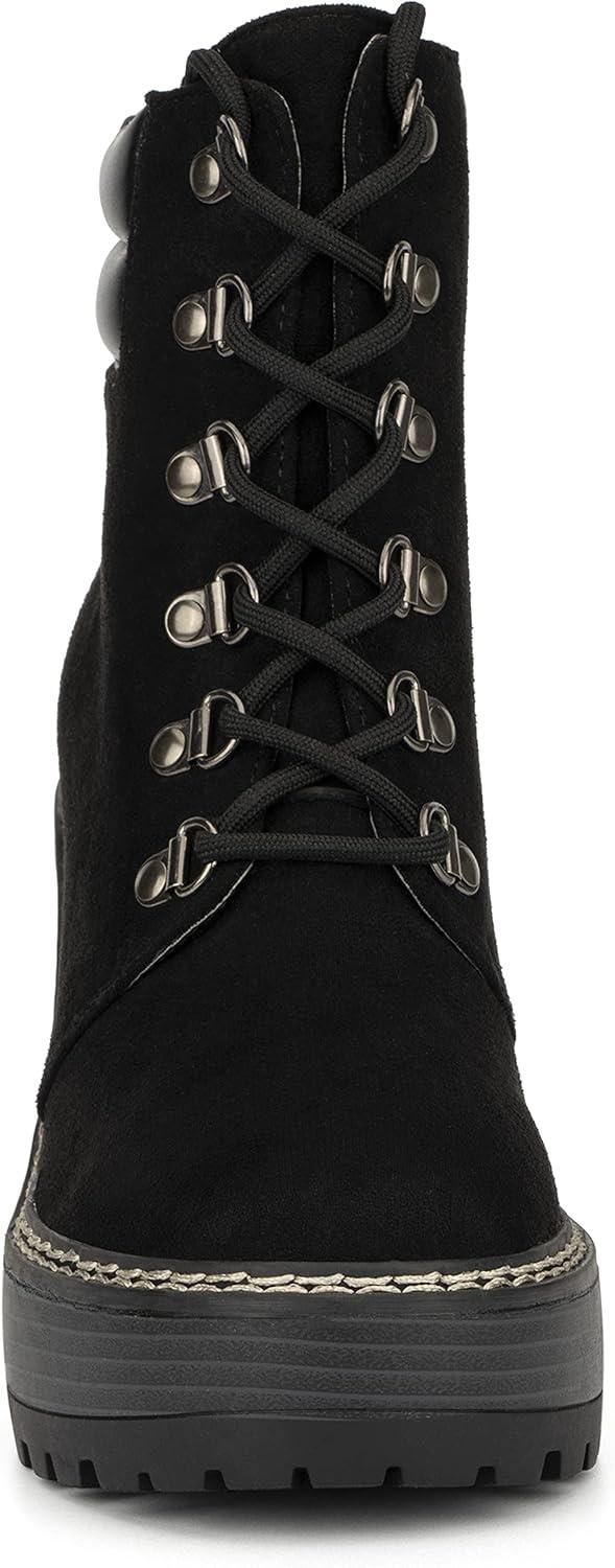 imageOlivia Miller Womens Fashion Shoes Faux Suede Lace Up Slip On Chunky High Heel Casual Bootie Round Toe Ankle BootsBlack