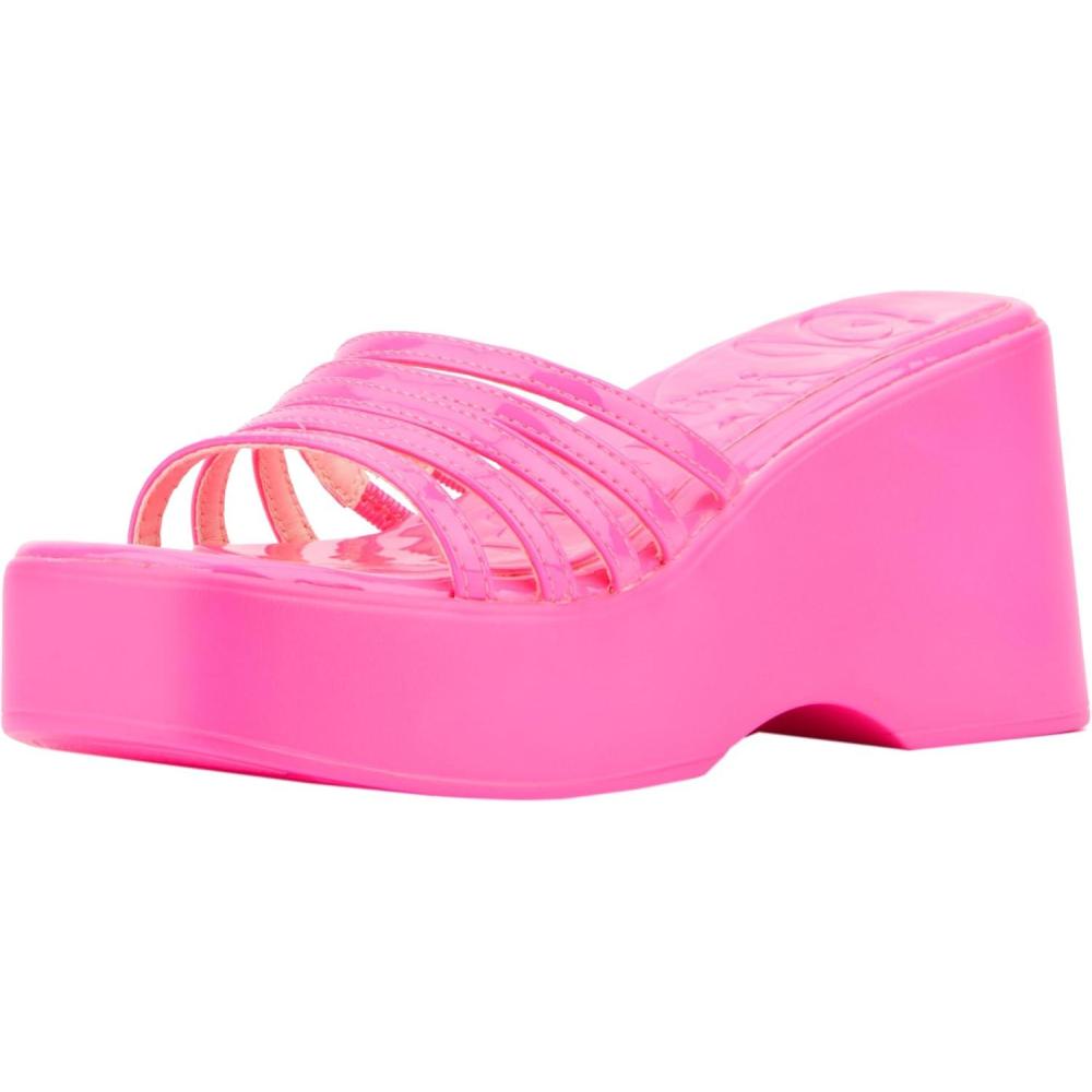 imageOlivia Miller Womens Dreamer Wedge Square Sandals Faux Leather OutsoleNeon Pink