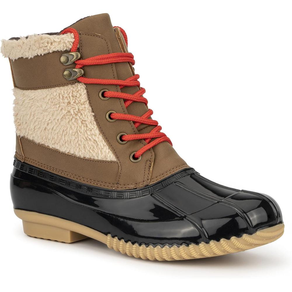 imageOlivia Miller Womens Fashion Shoes Faux PU Leather ampamp Sherpa Upper Slip On PVC Sole Lace Up Round Toe Duck Rain Bootie Winter Snow Ankle Boots