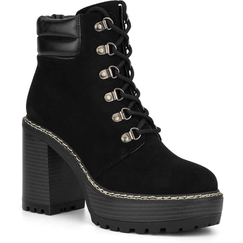 imageOlivia Miller Womens Fashion Shoes Faux Suede Lace Up Slip On Chunky High Heel Casual Bootie Round Toe Ankle BootsBlack