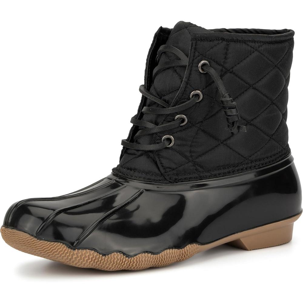 imageOlivia Miller Womens Fashion Shoes Quilted Polyester Upper Slip On PVC Sole Lace Up Round Toe Duck Rain Bootie Winter Snow Ankle Boots