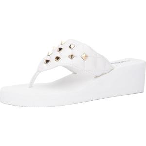 Olivia Miller Women’s Fashion Ladies Shoes, Gallery PU Vegan Leather Bling Jewel Rhinestones Flip Flops T-Strap Thong Style Slip On Casual Dressy Summer Beach 2 Inch EVA Platform Wedge Slide Sandals(White W Gold Studs)