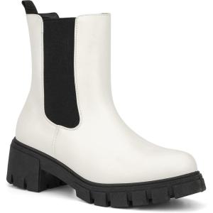 Olivia Miller Women’s Fashion Shoes, Faux PU Leather Elastic Double Gore Slip On Lug Sole Round Toe Chunky Heel Chelsea Mid Calf Ankle Boots(White/Black)
