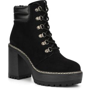 Olivia Miller Women’s Fashion Shoes, Faux Suede Lace Up Slip On Chunky High Heel Casual Bootie Round Toe Ankle Boots(Black)
