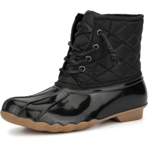 Olivia Miller Women’s Fashion Shoes, Quilted Polyester Upper Slip On PVC Sole Lace Up Round Toe Duck Rain Bootie Winter Snow Ankle Boots