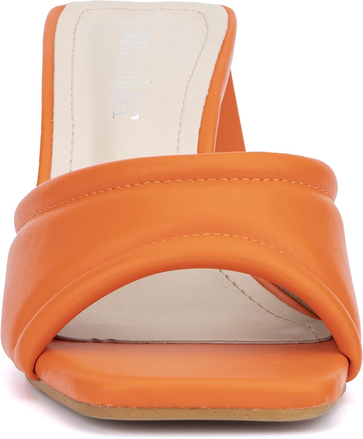 imageOlivia Miller Womens Fashion Ladies Shoes PU Vegan Leather Trendy Party Single Open Toe Strap Slide On 2 Inch Low Mid Triangle Block Heel SandalsOrange