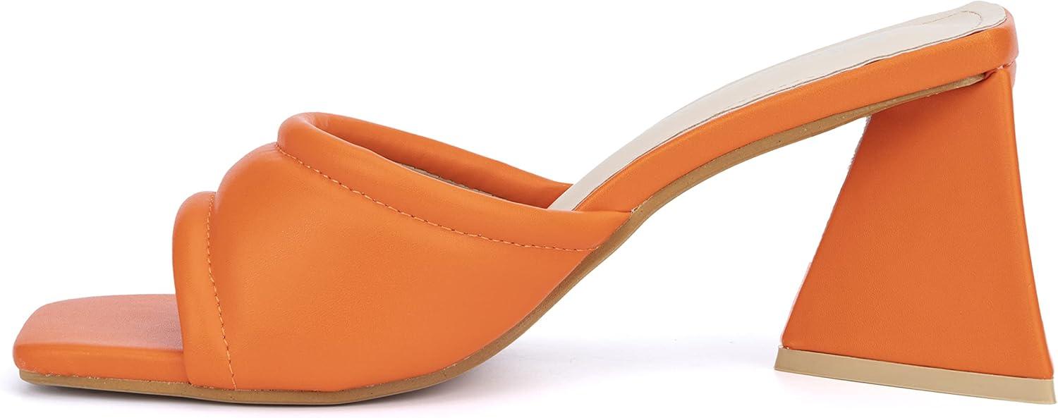 imageOlivia Miller Womens Fashion Ladies Shoes PU Vegan Leather Trendy Party Single Open Toe Strap Slide On 2 Inch Low Mid Triangle Block Heel SandalsOrange