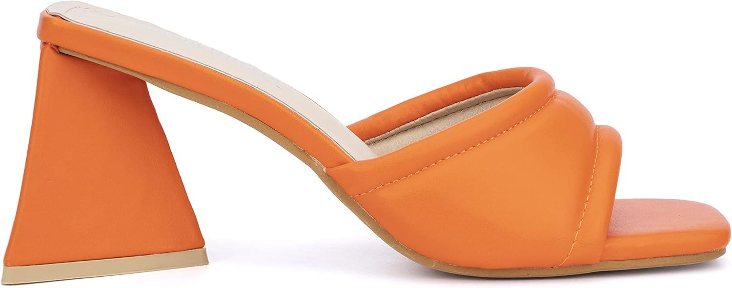 imageOlivia Miller Womens Fashion Ladies Shoes PU Vegan Leather Trendy Party Single Open Toe Strap Slide On 2 Inch Low Mid Triangle Block Heel SandalsOrange