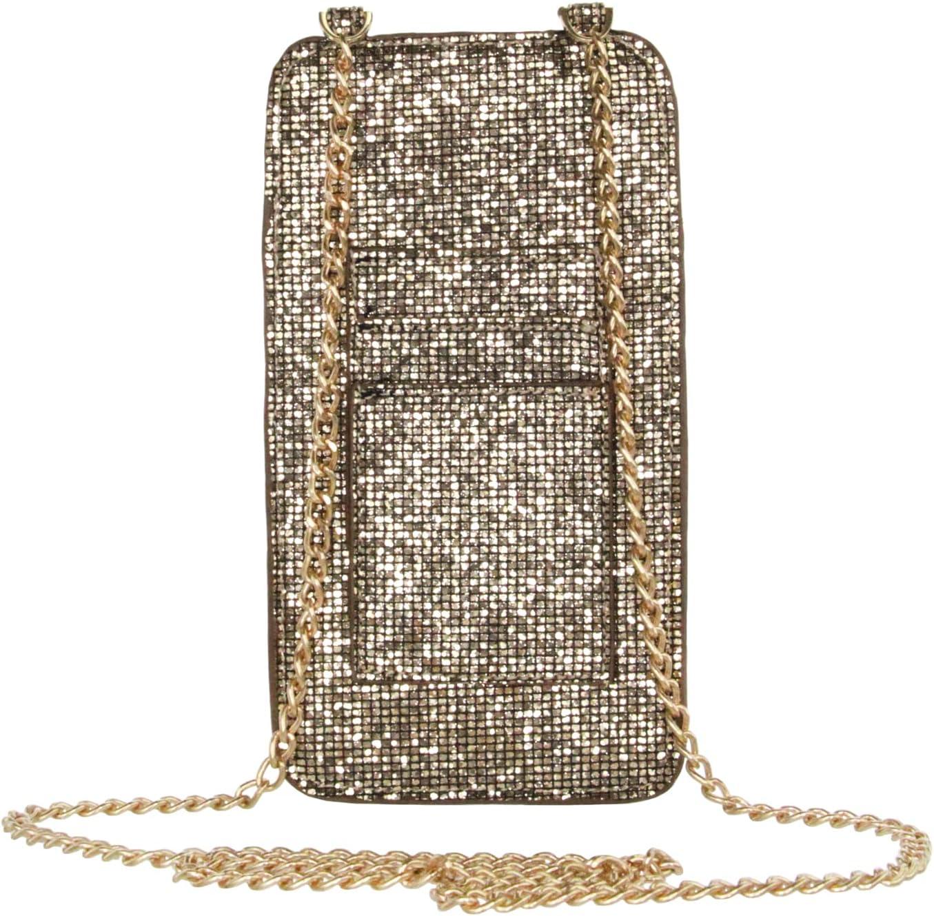imageOlivia Miller Womens Fashion PU Vegan Leather Glitter Gold Cell Phone Crossbody Mini Bag Everyday Casual Evening Purse Handbag