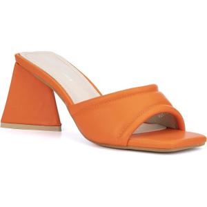 Olivia Miller Women’s Fashion Ladies Shoes, PU Vegan Leather Trendy Party Single Open Toe Strap, Slide On 2 Inch Low Mid Triangle Block Heel Sandals(Orange)