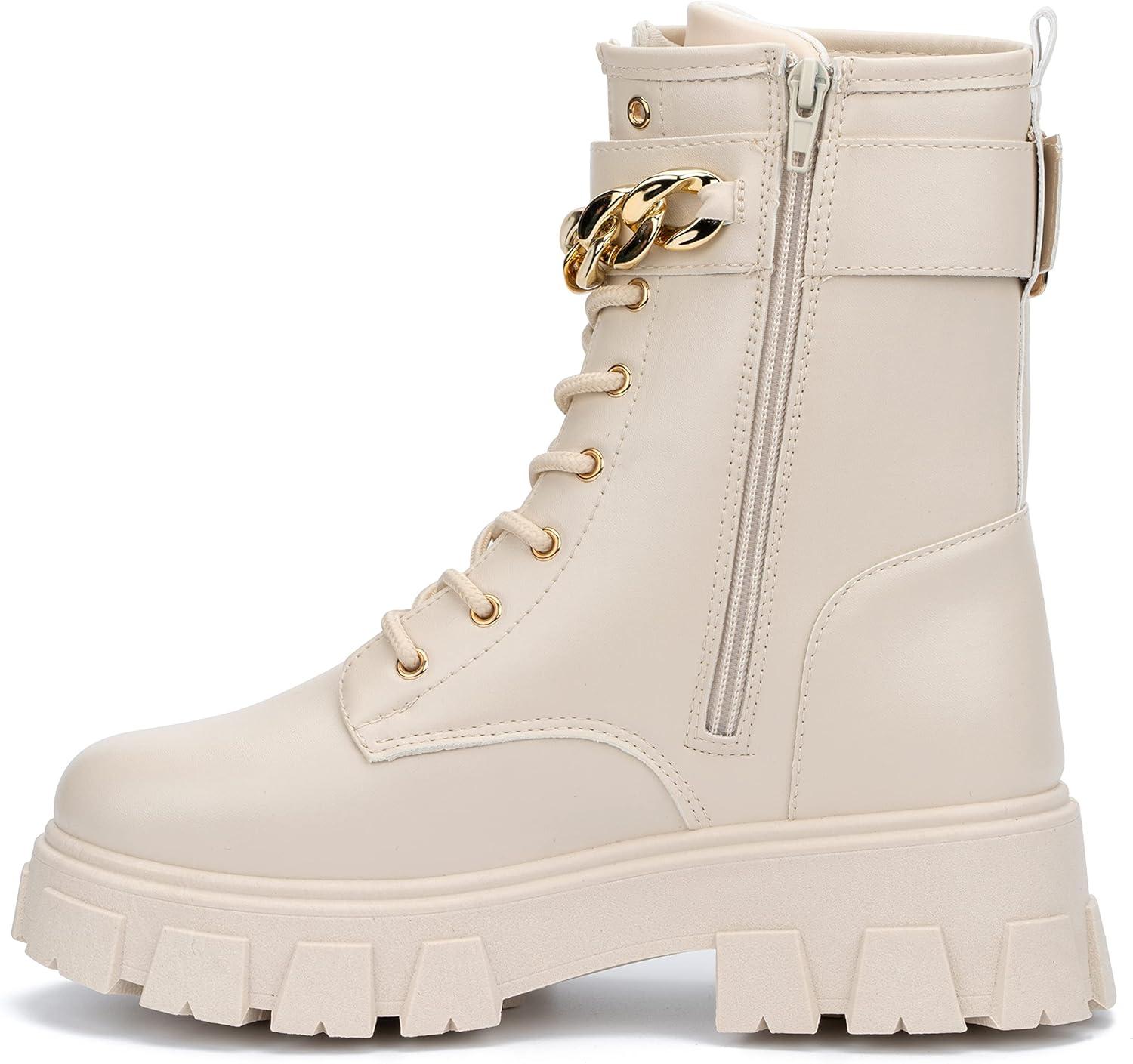 imageOlivia Miller Womens Fashion Shoes Faux PU Leather Lug Sole Lace Up Chain Chunky Heel Round Toe Ankle Combat BootsNatural NudeBeige