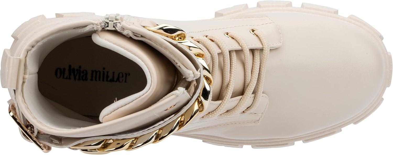 imageOlivia Miller Womens Fashion Shoes Faux PU Leather Lug Sole Lace Up Chain Chunky Heel Round Toe Ankle Combat BootsNatural NudeBeige