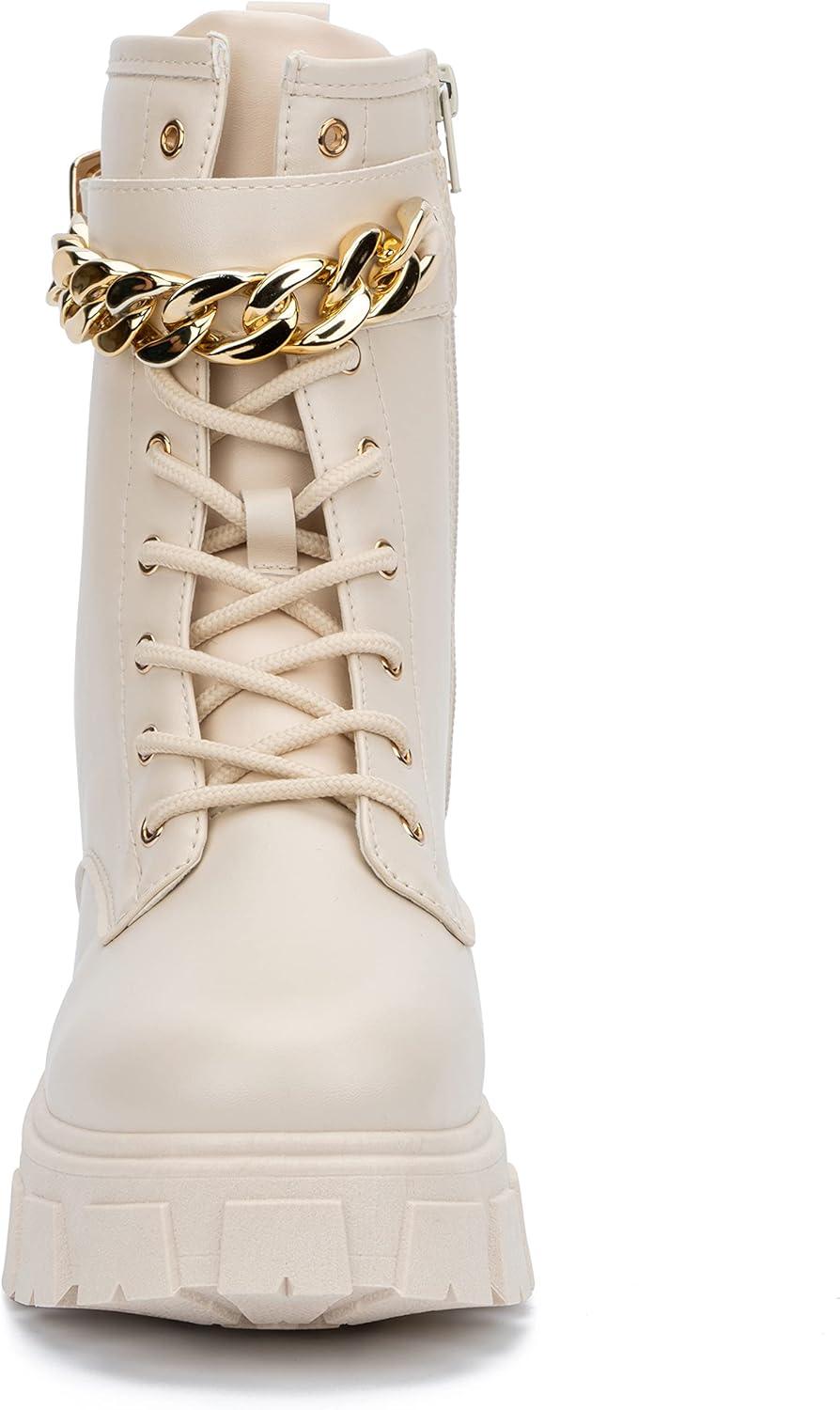 imageOlivia Miller Womens Fashion Shoes Faux PU Leather Lug Sole Lace Up Chain Chunky Heel Round Toe Ankle Combat BootsNatural NudeBeige