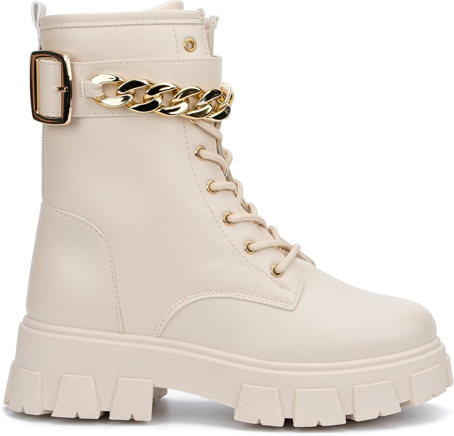 imageOlivia Miller Womens Fashion Shoes Faux PU Leather Lug Sole Lace Up Chain Chunky Heel Round Toe Ankle Combat BootsNatural NudeBeige