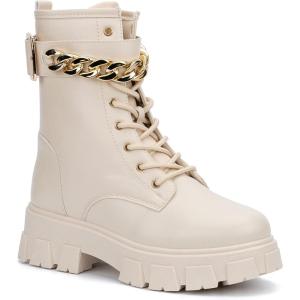 Olivia Miller Women’s Fashion Shoes, Faux PU Leather Lug Sole Lace Up Chain Chunky Heel Round Toe Ankle Combat Boots(Natural Nude/Beige)