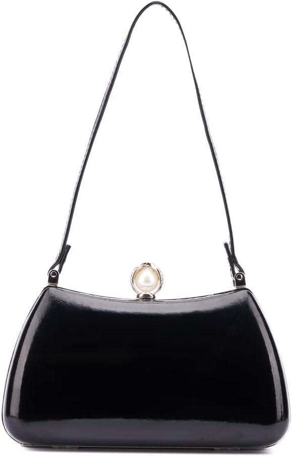 imageOlivia Miller Women Vera Black Patent Faux Leather w Pearl Top Handle Evening Bag Wedding Prom Party Clutch Crossbody Handbag