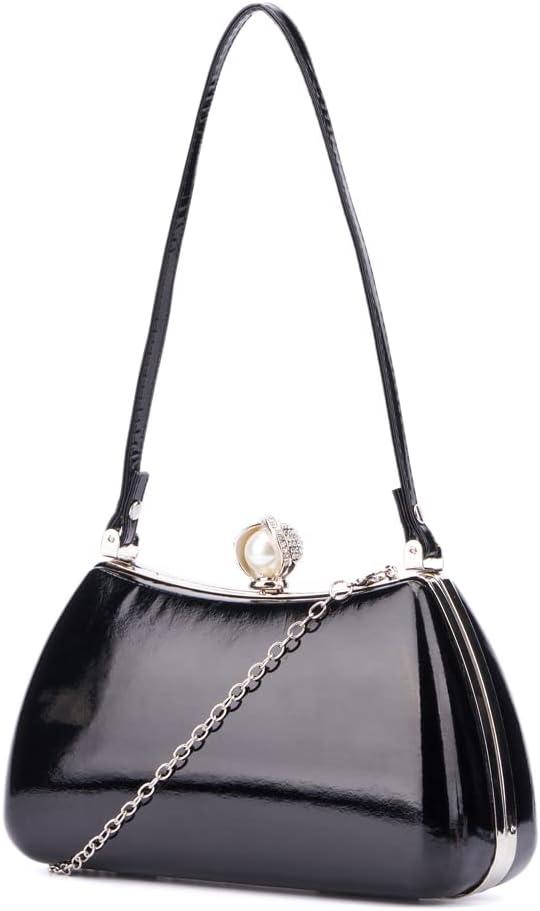 imageOlivia Miller Women Vera Black Patent Faux Leather w Pearl Top Handle Evening Bag Wedding Prom Party Clutch Crossbody Handbag