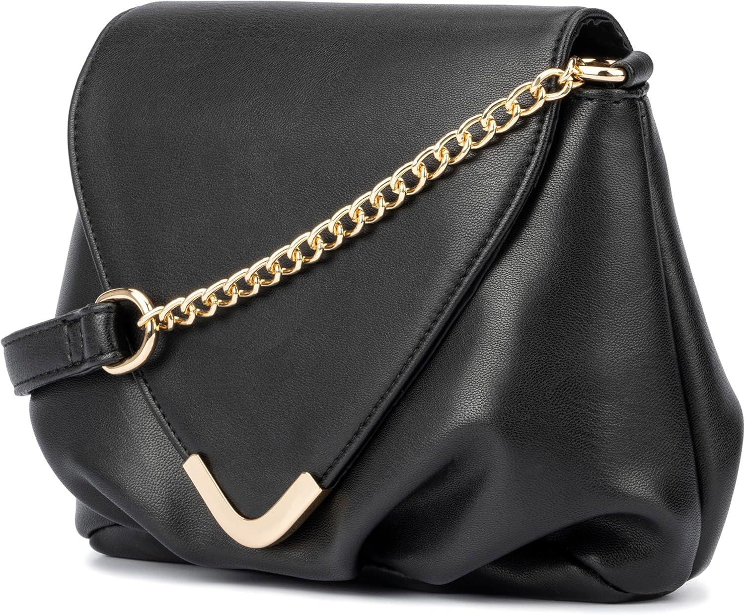 imageOlivia Miller Womens Fashion Blane Faux PU Leather w Front Flap Small Crossbody Bag w Gold Chain Strap Casual Purse Handbag