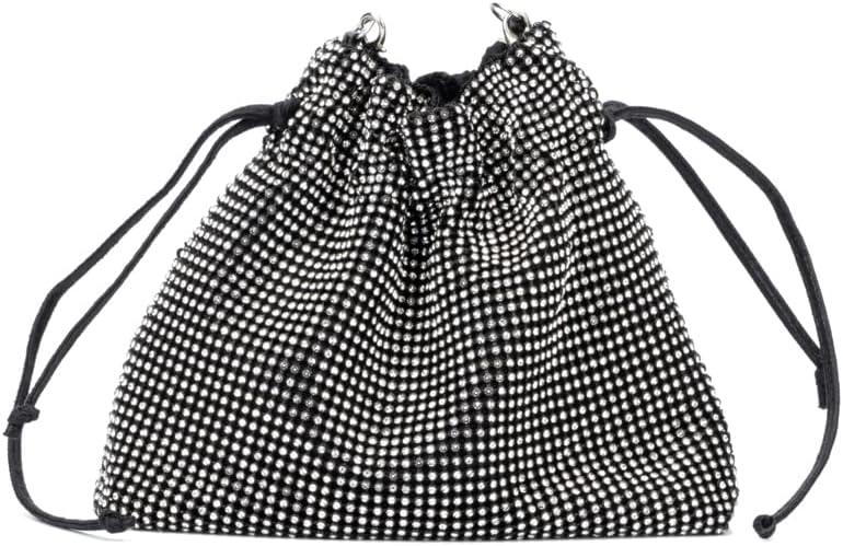 imageOlivia Miller Womens Fashion Enya Black w Rhinestone Mesh Bucket Evening Bag Wedding Prom Party Clutch Crossbody Handbag