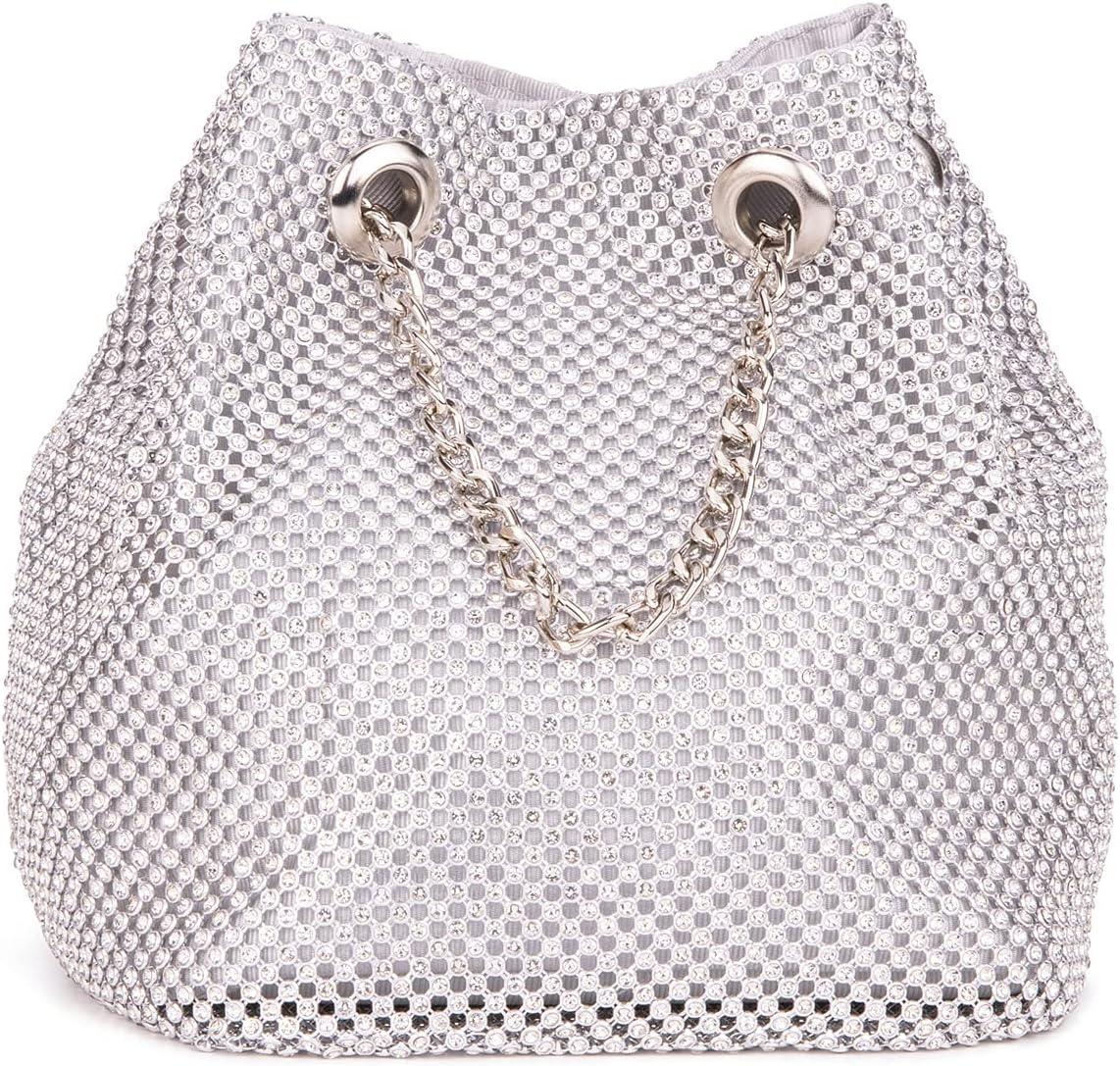 imageOlivia Miller Womens Fashion Round Pouch Evening Bag Formal Crossbody Handbag Wedding Prom Party Purse w Mesh Rhinestone