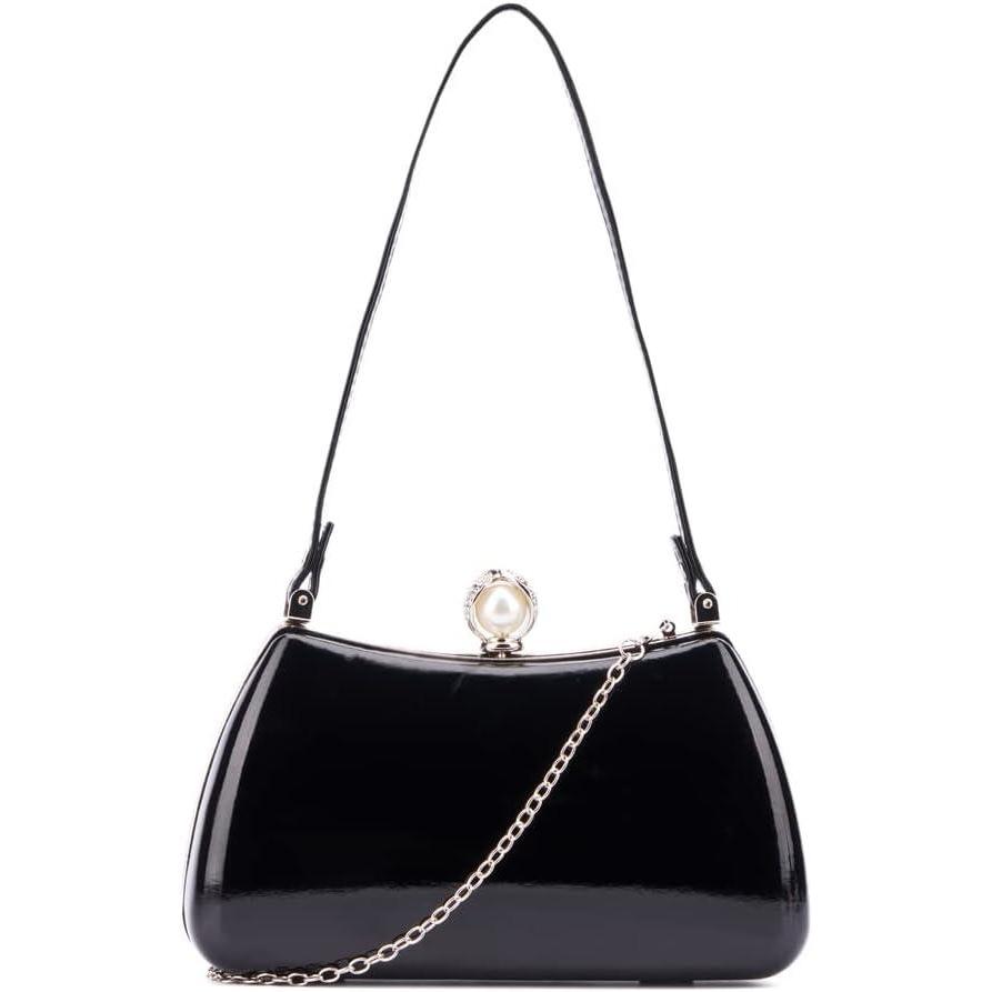 imageOlivia Miller Women Vera Black Patent Faux Leather w Pearl Top Handle Evening Bag Wedding Prom Party Clutch Crossbody Handbag