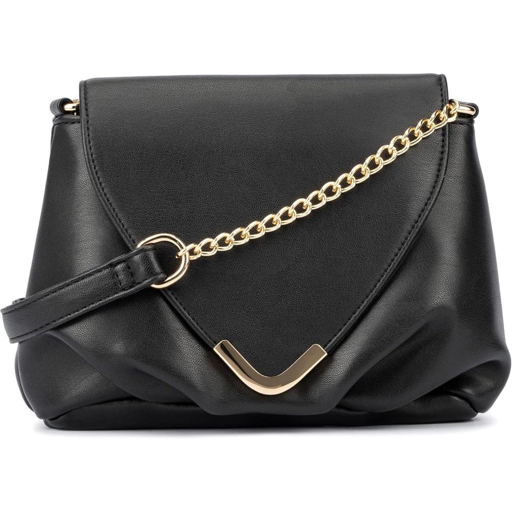 imageOlivia Miller Womens Fashion Blane Faux PU Leather w Front Flap Small Crossbody Bag w Gold Chain Strap Casual Purse Handbag