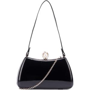 Olivia Miller Women Vera Black Patent Faux Leather w Pearl Top Handle Evening Bag Wedding Prom Party Clutch Crossbody Handbag