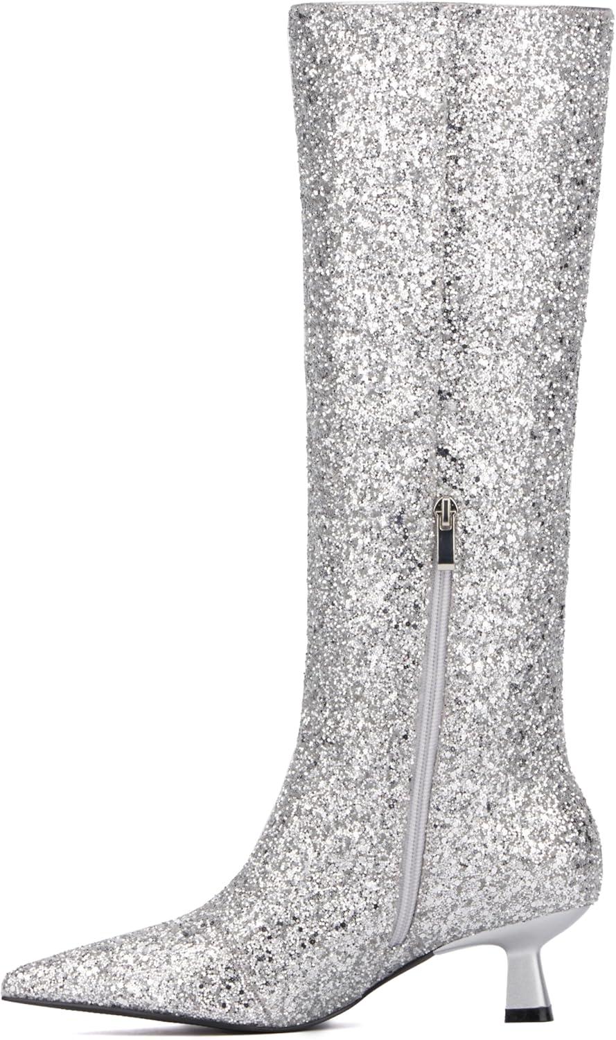 imageOlivia Miller Womens Mars Tall Pointed Toe Boots Rubber OutsoleSilver Glitter