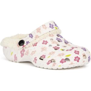 Olivia Miller Kid’s Girl Fashion Shoes, White Floral Multicolor EVA Quilted Faux Fur Slip-On Back Strap Clogs Slippers Slide Sandals(White/Multicolor Pink)