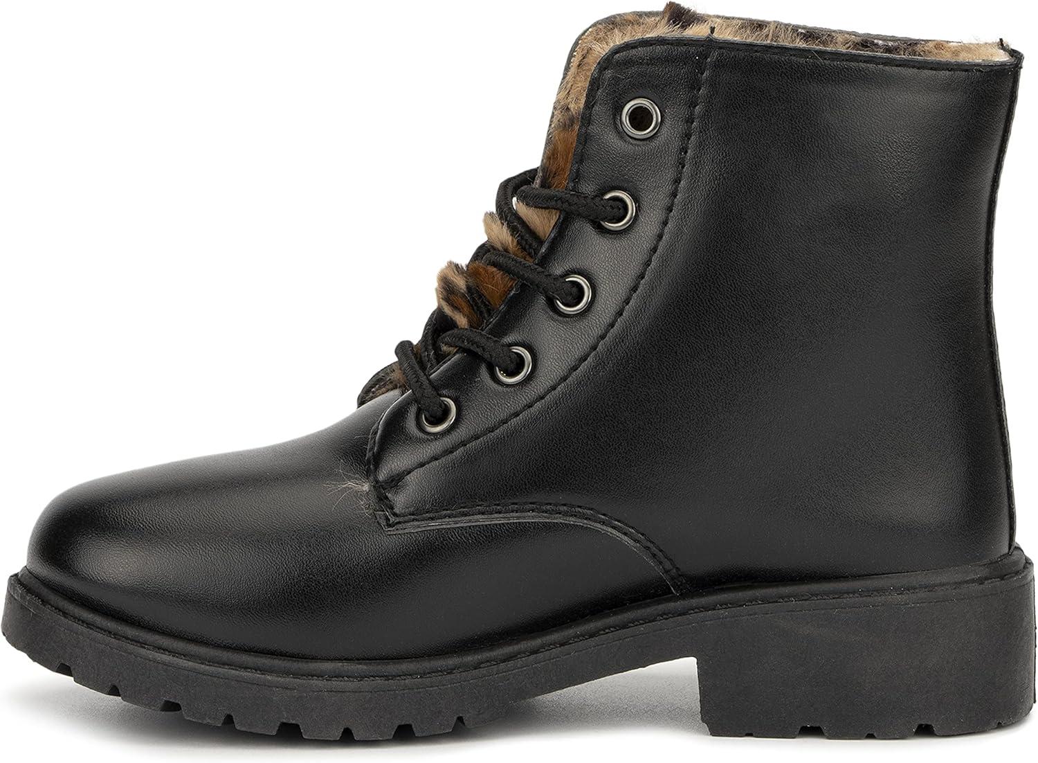 imageOlivia Miller Kids Girl Fashion Shoes Faux PU Leather Lug Sole Chunky Heel Lace Up Round Toe Winter Snow Casual Classic Combat Bootie Ankle Boots