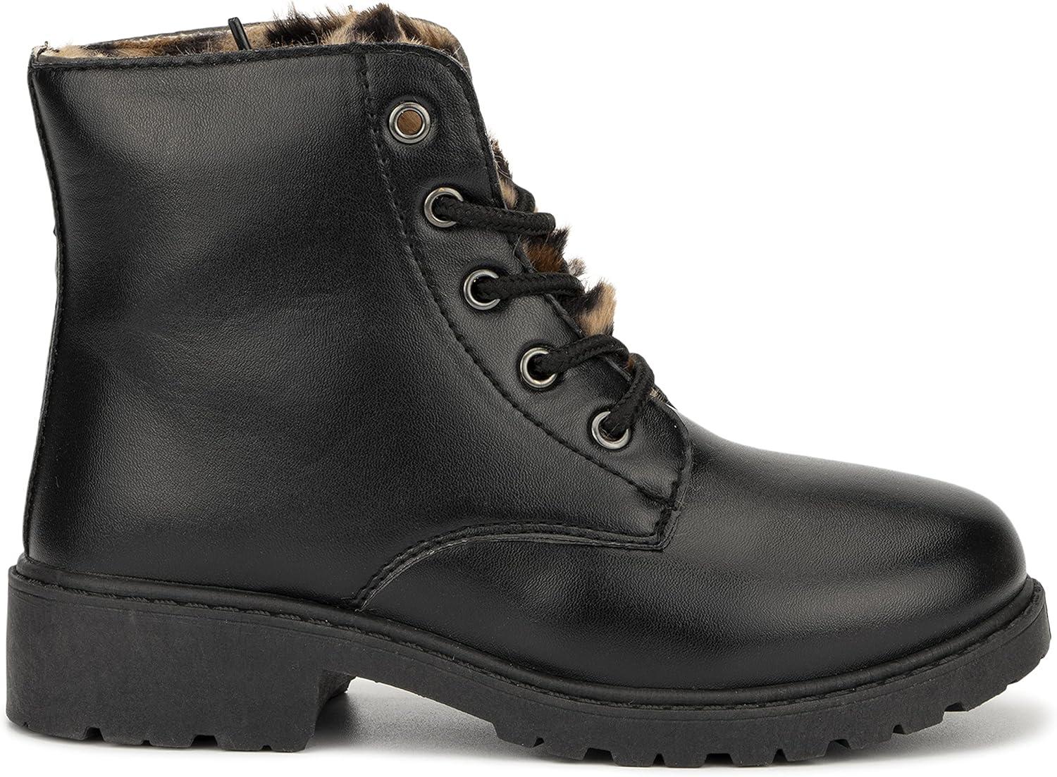 imageOlivia Miller Kids Girl Fashion Shoes Faux PU Leather Lug Sole Chunky Heel Lace Up Round Toe Winter Snow Casual Classic Combat Bootie Ankle Boots