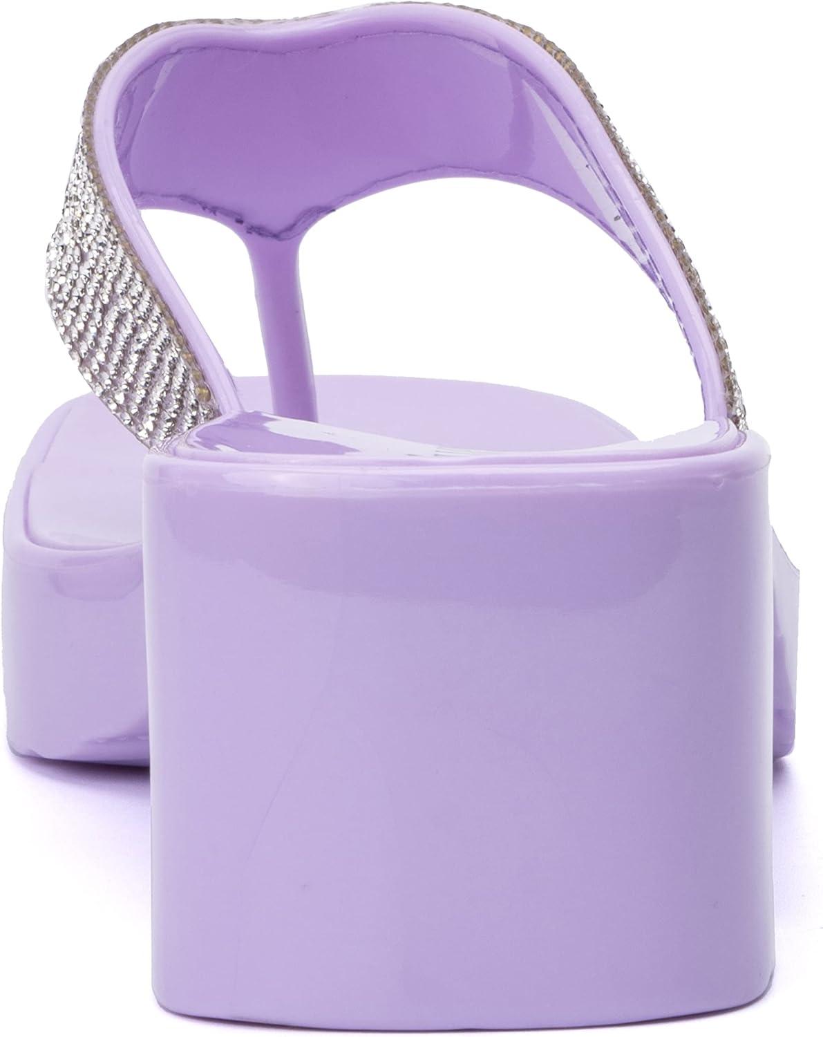 imageOlivia Miller Womens Fashion Ladies Shoes PVC Jelly Geli w Embellished Glitter Rhinestones Thong Flip Flops Open Toe Trendy Casual Summer Slide On 2 Inch Low Mid Clear Block Heel SandalsLilac Purple