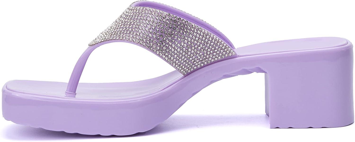 imageOlivia Miller Womens Fashion Ladies Shoes PVC Jelly Geli w Embellished Glitter Rhinestones Thong Flip Flops Open Toe Trendy Casual Summer Slide On 2 Inch Low Mid Clear Block Heel SandalsLilac Purple