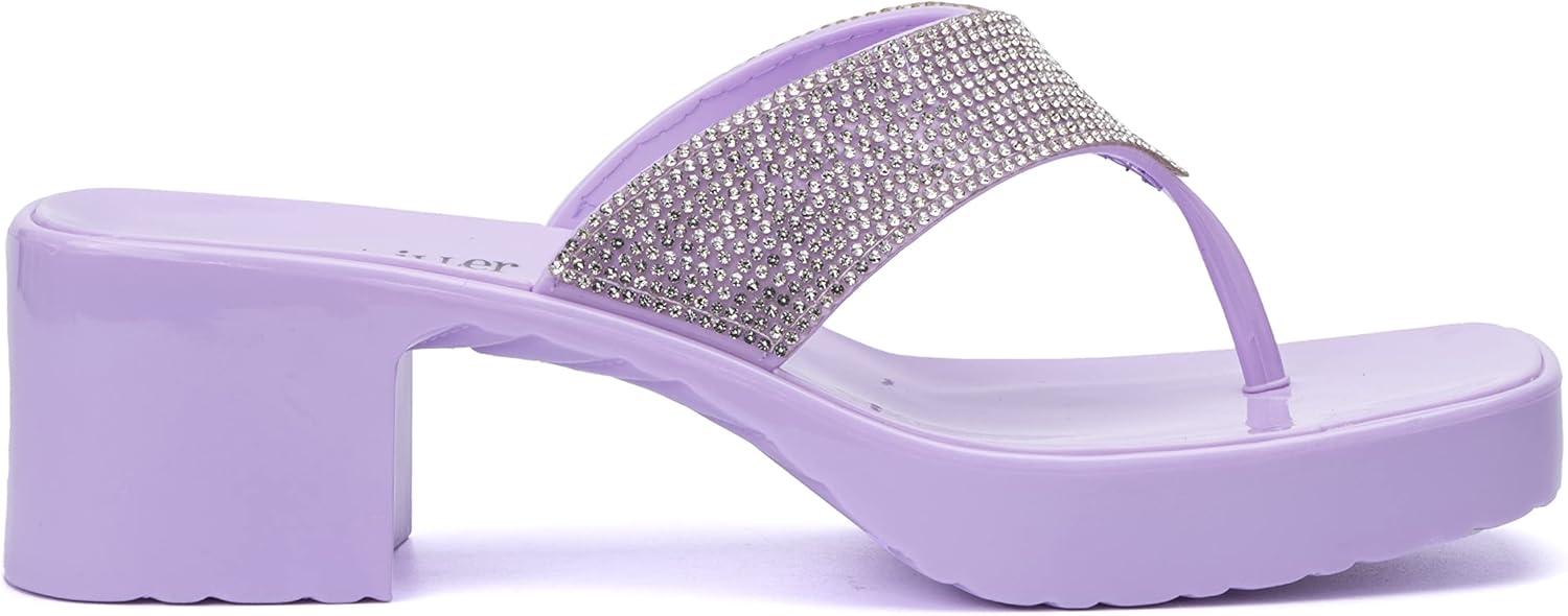 imageOlivia Miller Womens Fashion Ladies Shoes PVC Jelly Geli w Embellished Glitter Rhinestones Thong Flip Flops Open Toe Trendy Casual Summer Slide On 2 Inch Low Mid Clear Block Heel SandalsLilac Purple