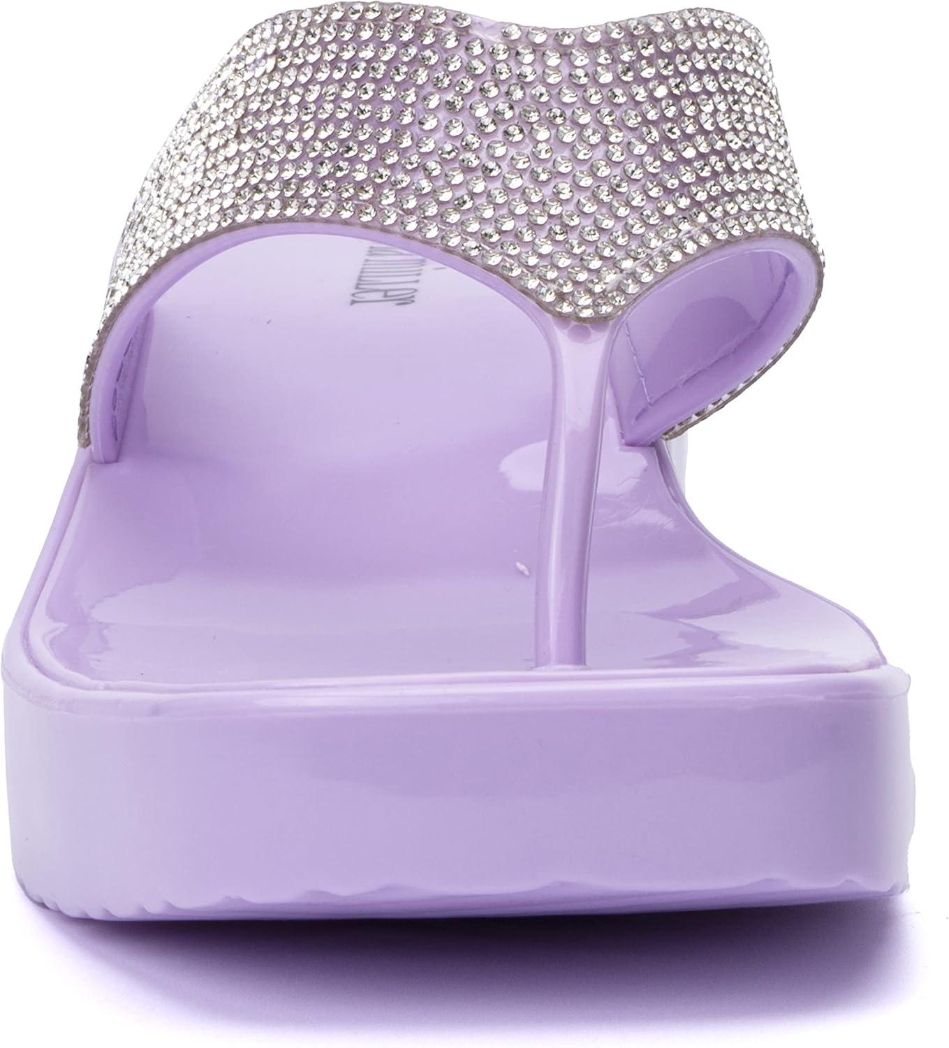 imageOlivia Miller Womens Fashion Ladies Shoes PVC Jelly Geli w Embellished Glitter Rhinestones Thong Flip Flops Open Toe Trendy Casual Summer Slide On 2 Inch Low Mid Clear Block Heel SandalsLilac Purple