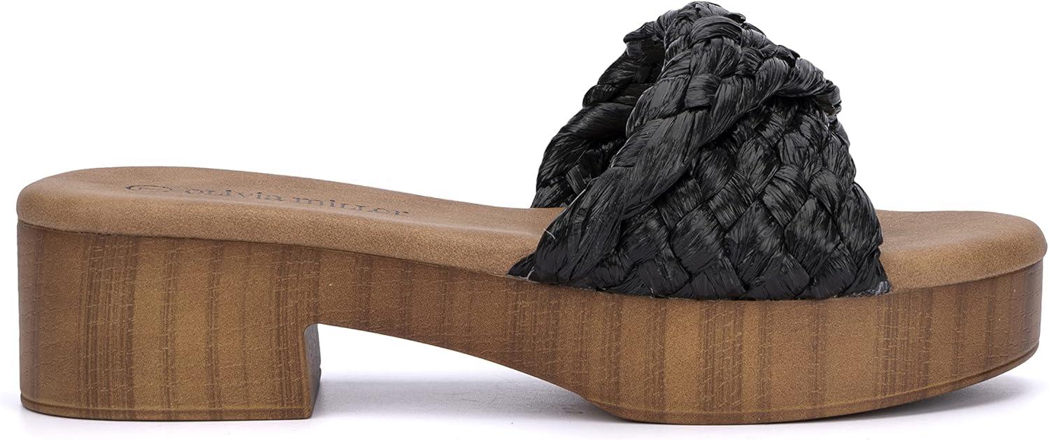 imageOlivia Miller Womens Fashion Ladies Shoes Raffia Trendy Party Woven Braided Criss Cross Clog Slide On 175 Inch Mid Low Platform Block Fashion Heel SandalsBlack