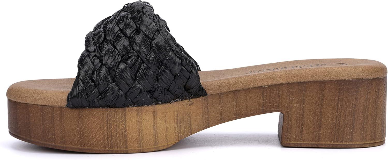 imageOlivia Miller Womens Fashion Ladies Shoes Raffia Trendy Party Woven Braided Criss Cross Clog Slide On 175 Inch Mid Low Platform Block Fashion Heel SandalsBlack