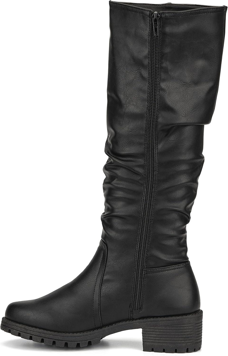 imageOlivia Miller Womens Fashion Shoes Faux PU Leather Side Zipper Lug Sole Chunky Heel Round Toe Casual Classic Knee High Ankle Boots