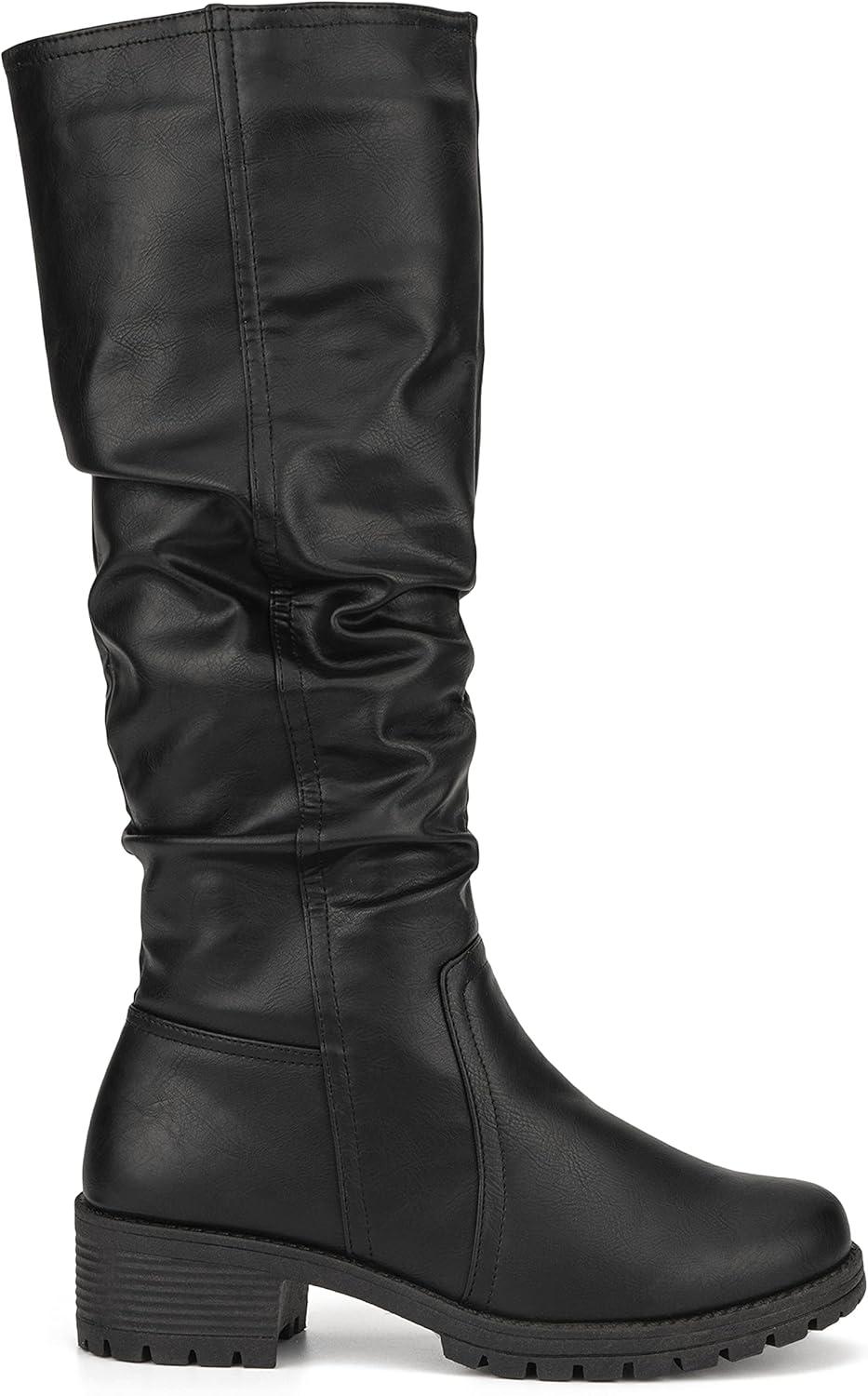 imageOlivia Miller Womens Fashion Shoes Faux PU Leather Side Zipper Lug Sole Chunky Heel Round Toe Casual Classic Knee High Ankle Boots