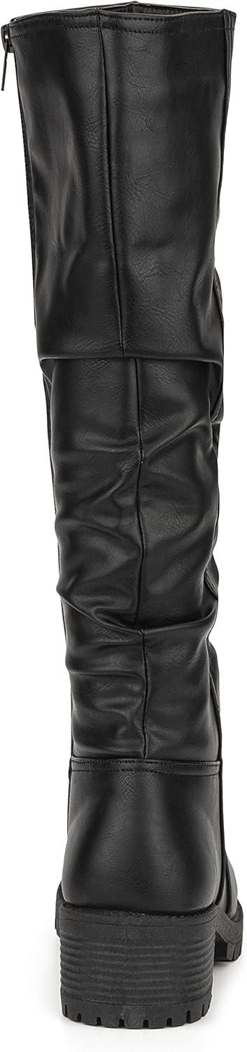 imageOlivia Miller Womens Fashion Shoes Faux PU Leather Side Zipper Lug Sole Chunky Heel Round Toe Casual Classic Knee High Ankle Boots