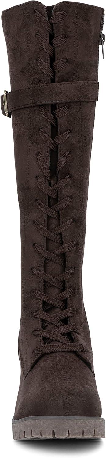 imageOlivia Miller Womens Fashion Shoes Faux PU Leather Side Zipper Lug Sole Lace Up Chunky Block Heel Round Toe Casual Classic Knee High Ankle Boots