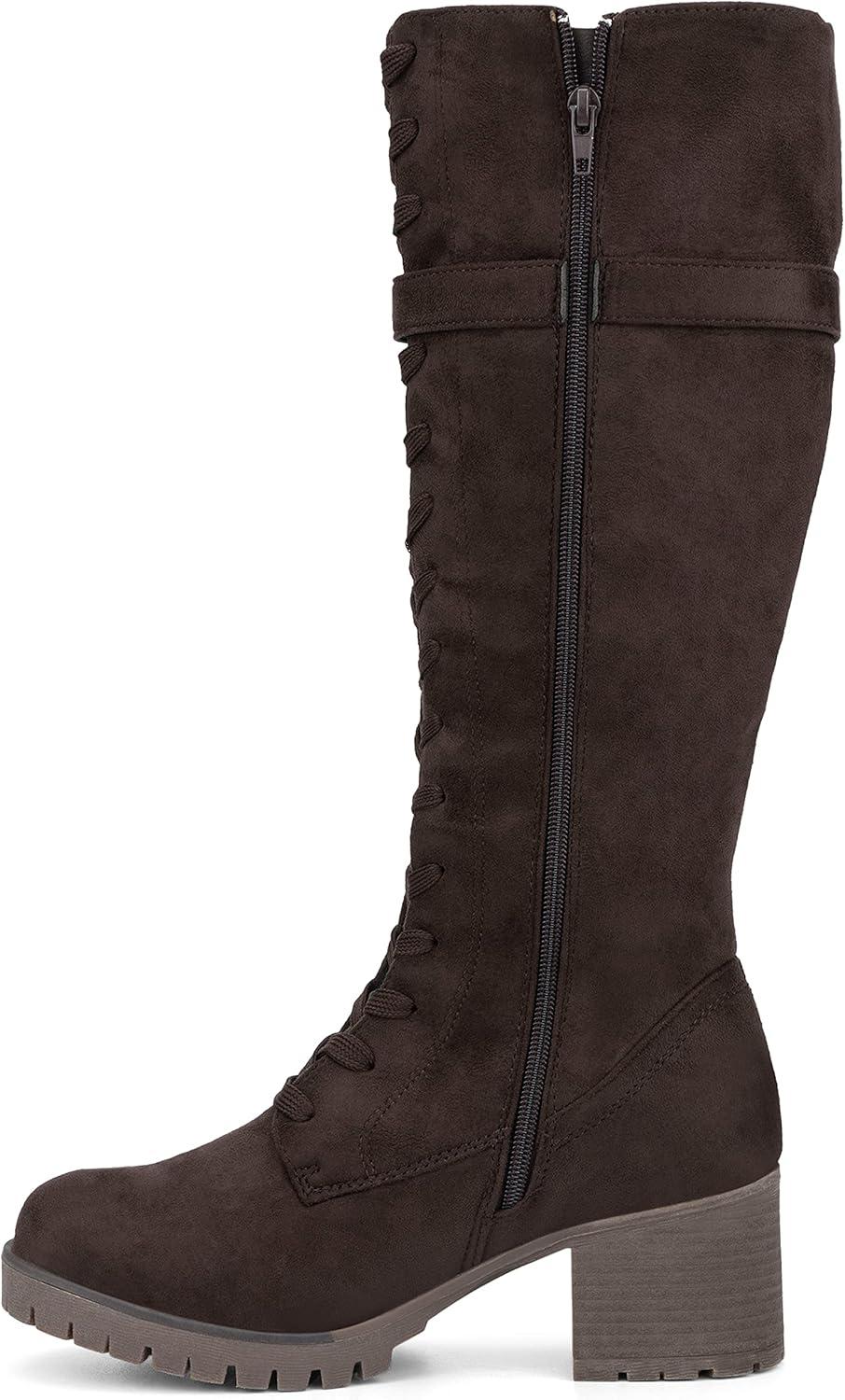 imageOlivia Miller Womens Fashion Shoes Faux PU Leather Side Zipper Lug Sole Lace Up Chunky Block Heel Round Toe Casual Classic Knee High Ankle Boots