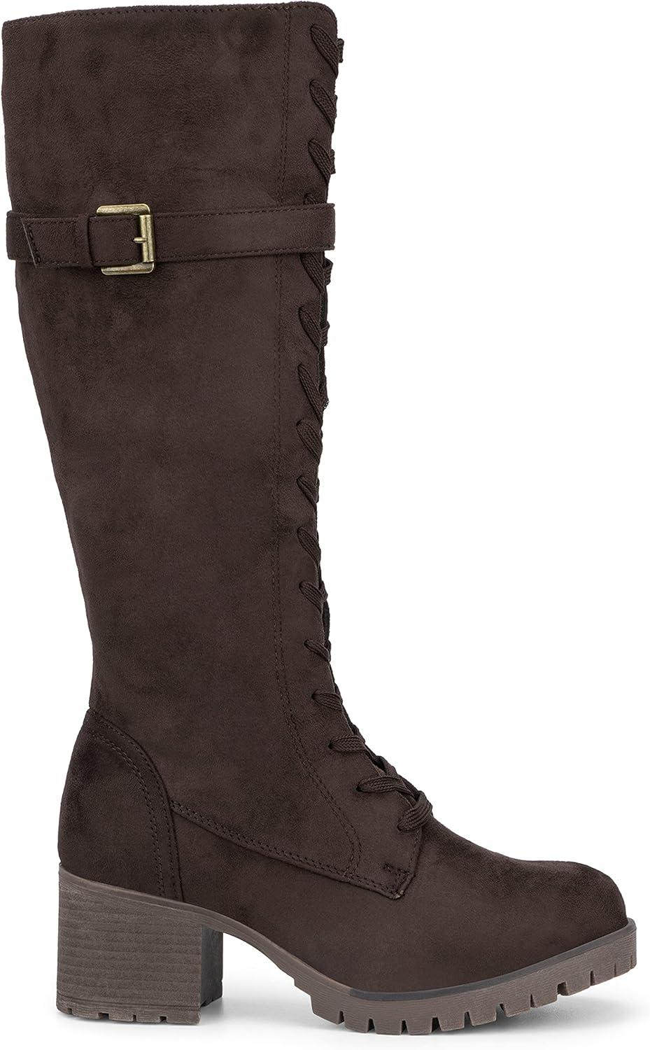 imageOlivia Miller Womens Fashion Shoes Faux PU Leather Side Zipper Lug Sole Lace Up Chunky Block Heel Round Toe Casual Classic Knee High Ankle Boots