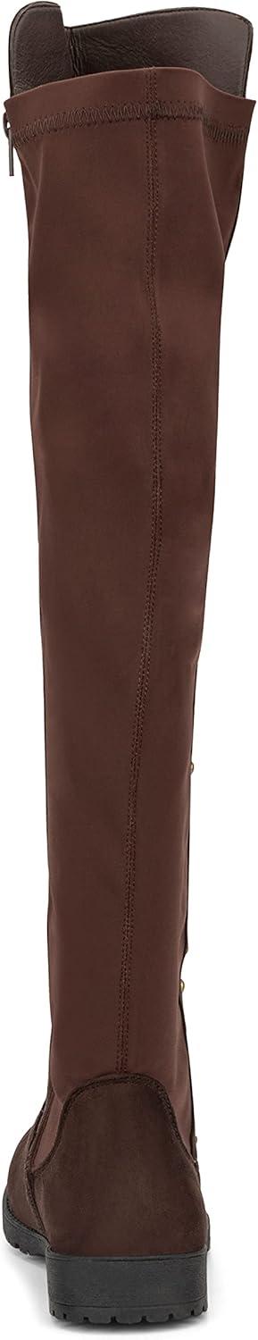 imageOlivia Miller Womens Fashion Shoes Faux PU Leather Side Zipper Lug Sole Round Toe Studded Casual Classic Over the Knee Ankle Boots