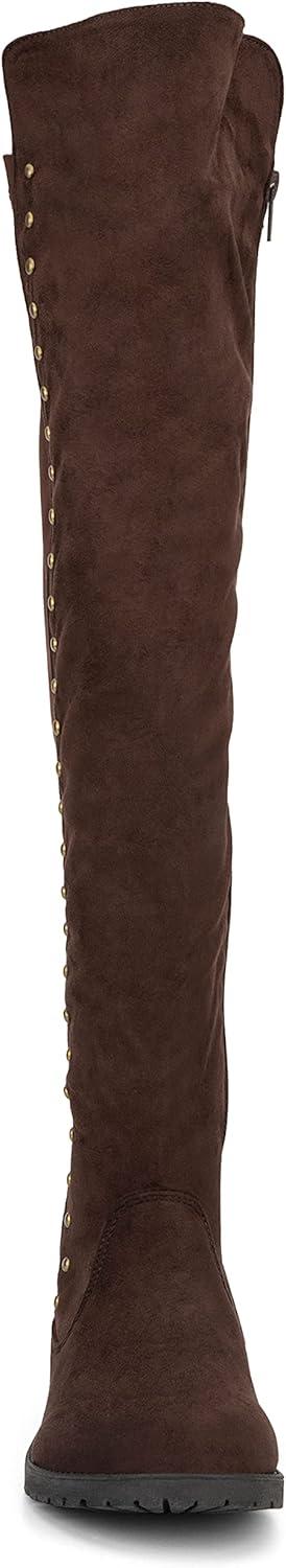 imageOlivia Miller Womens Fashion Shoes Faux PU Leather Side Zipper Lug Sole Round Toe Studded Casual Classic Over the Knee Ankle Boots