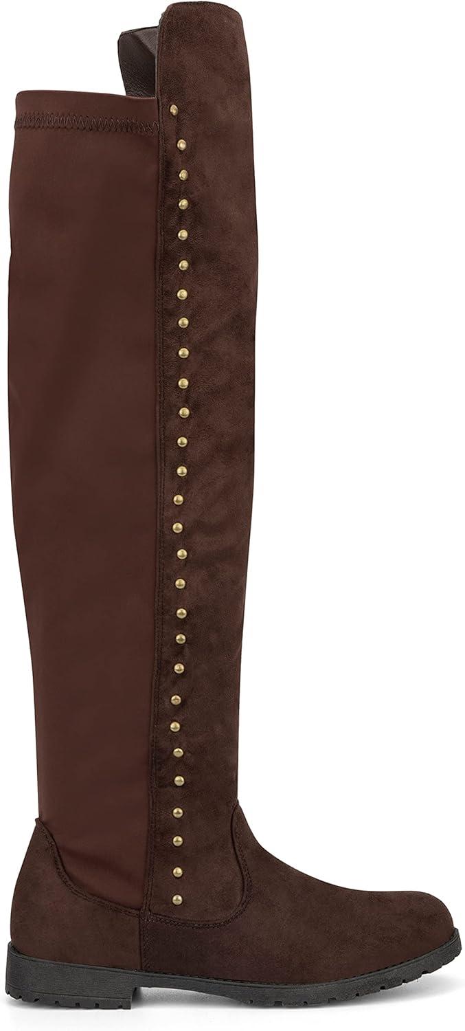 imageOlivia Miller Womens Fashion Shoes Faux PU Leather Side Zipper Lug Sole Round Toe Studded Casual Classic Over the Knee Ankle Boots