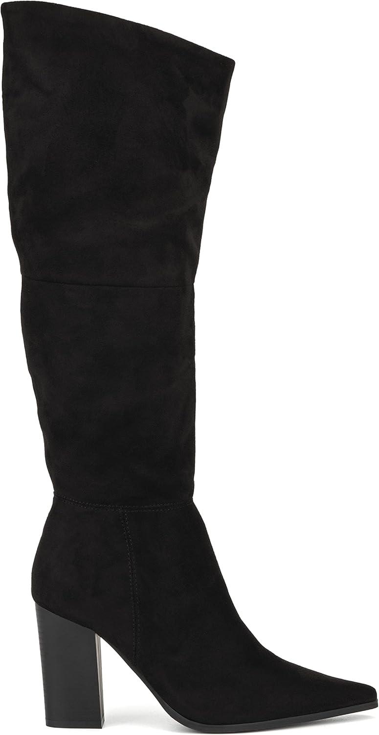 imageOlivia Miller Womens Fashion Shoes Faux Suede Side Zipper Slip On Casual Classic Knee High Riding High Heel Pointed Toe Boots