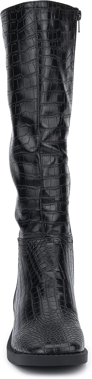 imageOlivia Miller Womens Fashion Shoes PU Faux Crocodile Leather Side Zipper Slip On Casual Classic Knee High Riding Plain Toe Boots
